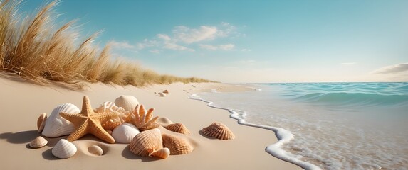 Serene Beach with Seashells and Starfish &mdash; Sunny Coastal Shoreline Landscape.