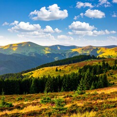 Obraz premium Rolling hills, green forests, and a vibrant blue sky with fluffy clouds