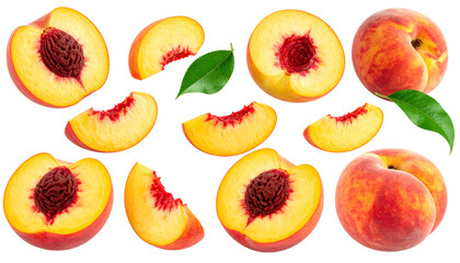 set of peach fruit with half slice and green leaves isolated on white and transparent, background Remove png