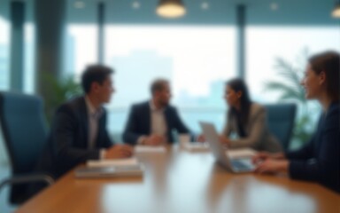 Blurred view of business professionals collaborating during a meeting in modern office. High quality