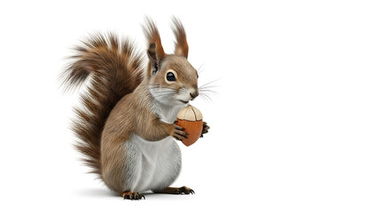Obraz premium A curious squirrel holding an acorn against a white background, isolated and studio-lit