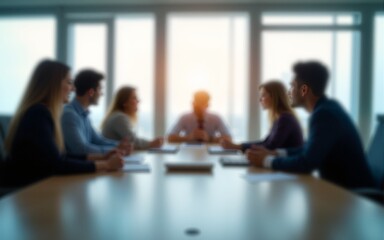 Blurred view of business professionals collaborating during a meeting in modern office. High quality