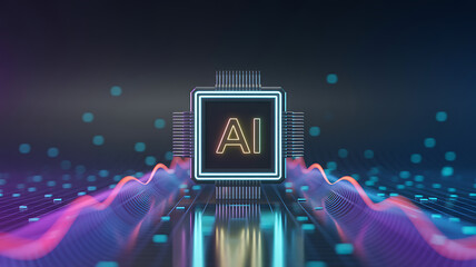 Futuristic AI processor glowing with neon colors on digital grid with dynamic data waves representing advanced artificial intelligence technology cyber innovation and next generation computing systems