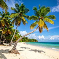 Tropical beach with palm trees under a vibrant blue sky