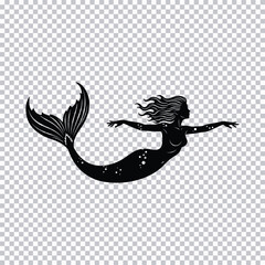 Obraz premium Silhouette of a mermaid swimming with flowing hair and tail on transparent background Keywords