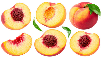 set of peach fruit with half slice and green leaves isolated on white and transparent, background Remove png