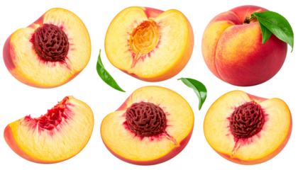 set of peach fruit with half slice and green leaves isolated on white and transparent, background Remove png