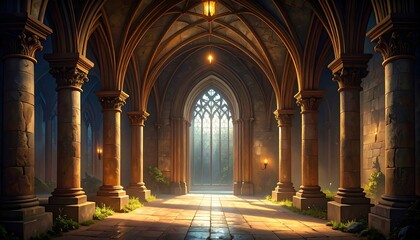 Sunlight floods a gothic cathedral corridor