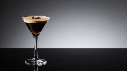 Elegant martini glass, filled with coffee-based cocktail, topped with coffee beans, on reflective surface