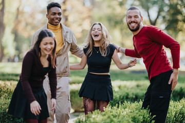 A joyful outdoor scene with four diverse friends in casual outfits, smiling and linking arms in a park. They share friendship, energy, and carefree moments under warm autumn light.