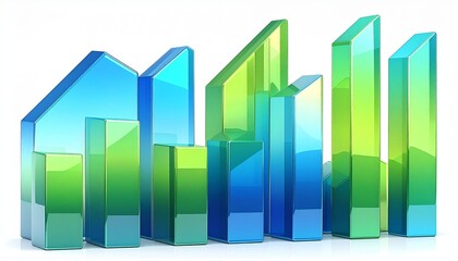 3D financial bar chart on coin stacks with glowing blue-green tones and dark bokeh background.