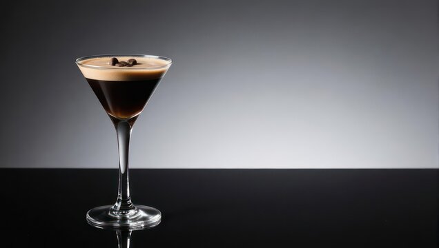 Elegant martini glass, filled with coffee-based cocktail, topped with coffee beans, on reflective surface