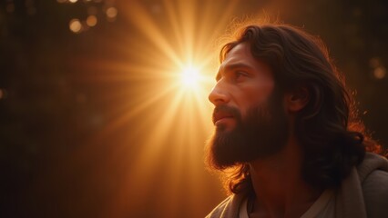 Fototapeta premium Jesus Christ with long hair and beard gazing upward at radiant sunburst halo in peaceful profile portrait with divine golden light, concept of christianity, faith, spiritual inspiration
