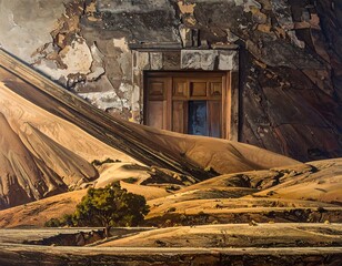 Surreal landscape with a weathered doorway