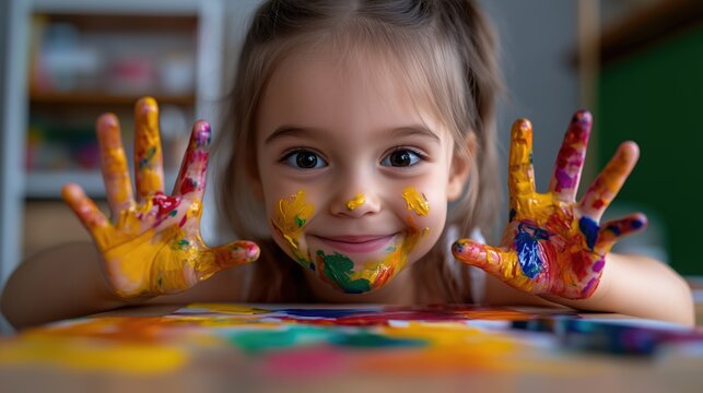 Happy young girl with colorful paint on her hands and face during creative art activity, symbolizing childhood creativity, artistic expression, and joyful learning atmosphere
