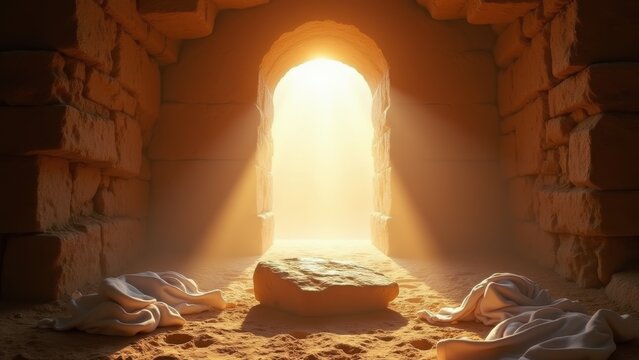 Empty tomb with rolled away stone and folded linen cloths bathed in radiant light from arched entrance, powerful resurrection morning scene, concept of easter, christianity, church media