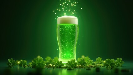 Glowing green beer in tall glass with creamy foam surrounded by shamrocks and golden sparkles on dark emerald background, concept of saint patricks day, pub celebrations, irish festivals