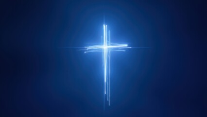 Radiant blue neon cross glowing with ethereal light trails against deep dark blue background, concept of christian faith, easter worship, spiritual inspiration, religious events