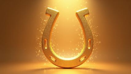 Glowing golden horseshoe with sparkling lights and magical particles floating on warm golden background, concept of good luck charms, fortune telling, casino promotions, positive energy campaigns