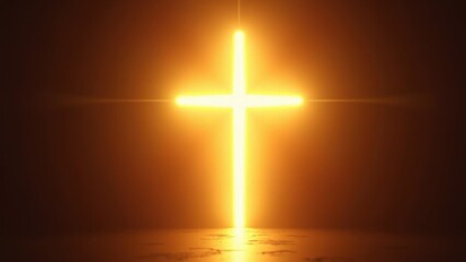 Radiant golden cross emitting powerful divine light rays against dark background with dramatic glow, concept of christian faith, easter celebrations, spiritual inspiration, religious events