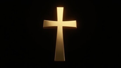 Fototapeta premium Golden christian cross glowing brightly against dramatic black background with subtle inner light, concept of easter faith, religious inspiration, church branding, spiritual events