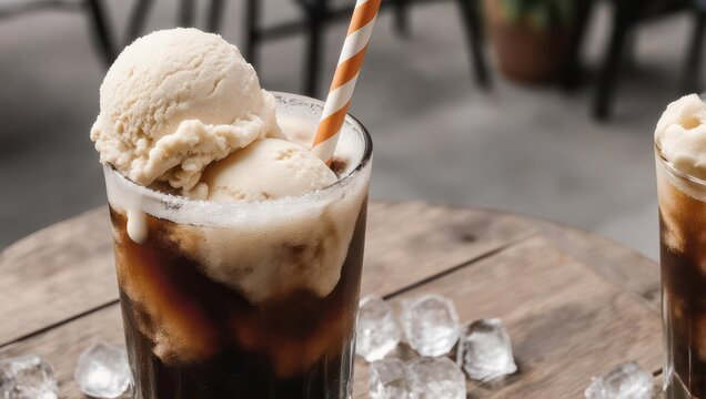 Frothy root beer float in a glass, topped with ice cream and a striped straw on wooden table