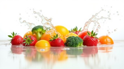 Fresh strawberries oranges and broccoli splashed with dynamic water droplets on reflective white surface, concept of healthy eating, vitamin rich diet, fresh produce marketing, wellness campaigns