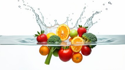Fresh strawberries oranges and broccoli splashed with dynamic water droplets on reflective white surface, concept of healthy eating, vitamin rich diet, fresh produce marketing, wellness campaigns