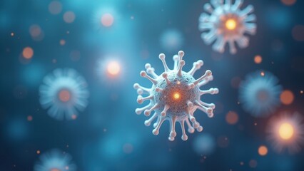 Obraz premium 3d rendered coronavirus particles floating in blue microscopic environment with glowing cores and spike proteins, concept of virology research, pandemic awareness, medical science