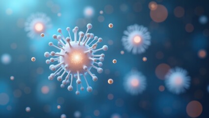 3d rendered coronavirus particles floating in blue microscopic environment with glowing cores and spike proteins, concept of virology research, pandemic awareness, medical science