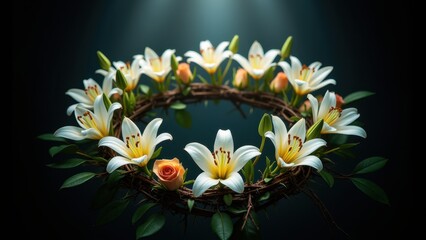 Crown of thorns wreath adorned with white easter lilies and peach roses illuminated by heavenly light, concept of easter resurrection, christian faith, good friday remembrance, religious symbolism