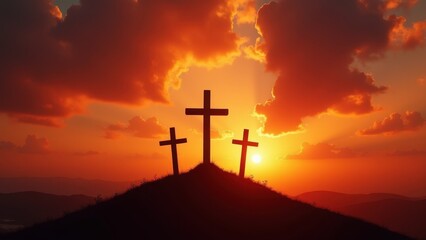 Three crosses silhouetted on hilltop against dramatic fiery orange sunset sky with glowing clouds, concept of easter resurrection, good friday remembrance, christian faith, spiritual hope