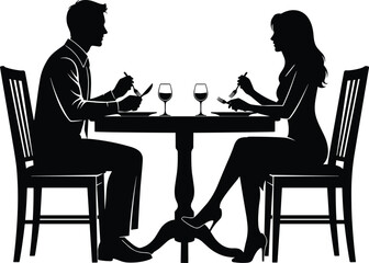 Romantic dinner silhouette, couple dining, formal meal, wine glasses, social interaction, lifestyle moment, cad drawing flat vector illustration