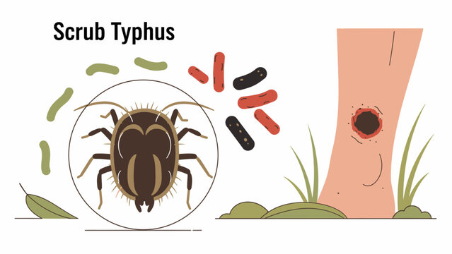 Vector Illustration of Scrub Typhus: Mites, Bacteria, and Eschar Wounds