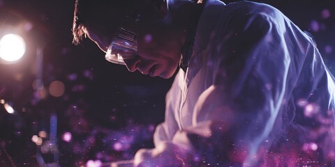 Scientist conducts experiment in laboratory during evening hours with focus on research and discovery