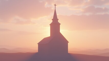 Church steeple with cross silhouetted against glowing pink sunset sky over misty mountains, serene spiritual landscape, concept of christianity, easter, worship media