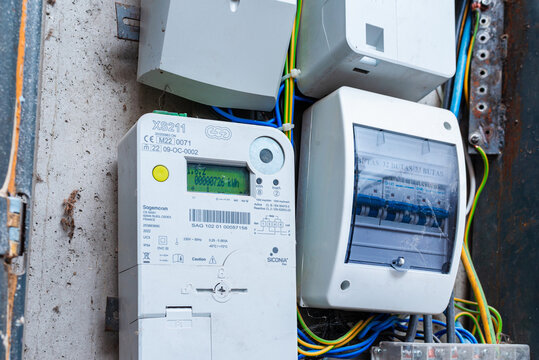 Kilowatt huor smart electric power metters counter measuring power usage modern smart grid residential digital power supply meter Selective focus, close-up.Telsiai, Lithuania.12-09-2025.