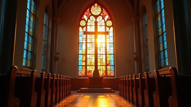 Sunlit stained glass cross window illuminating empty church interior with wooden pews and altar bathed in warm colorful light, concept of christianity, easter, worship media