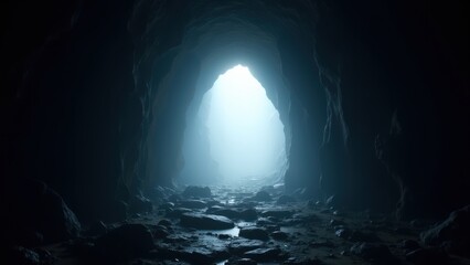 Fototapeta premium Dark rocky tunnel leading to bright circular exit with intense white light, dramatic cave passage symbolizing hope and rebirth, concept of spirituality, resurrection, personal growth
