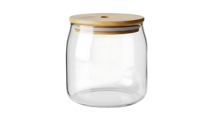 Empty glass jar with bamboo lid clear container for food storage or kitchen organization isolated on white background