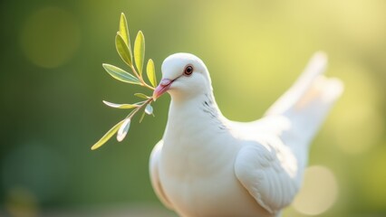 White dove holding olive branch in beak gazing sideways, elegant bird symbolizing peace against soft green bokeh background in serene natural outdoor setting, concept of peace, religion, diplomacy