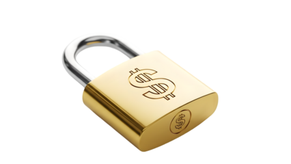 Golden padlock with dollar sign symbol isolated on transparent background