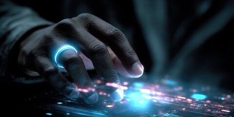 Person using a futuristic interface with digital elements at night in a dark setting