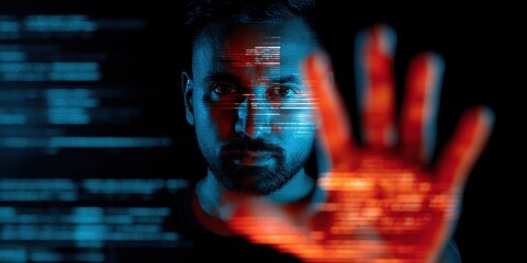 Person reaching out in front of a digital screen with colorful data and text during a dark setting