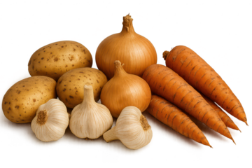 Fresh Potatoes, Onions, Carrots, and Garlic on a transparent background