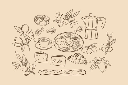 Breakfast food set hand drawn, French breakfast coffee with croissant and sunny-side up eggs. Doodle collection of tasty and healthy snack.