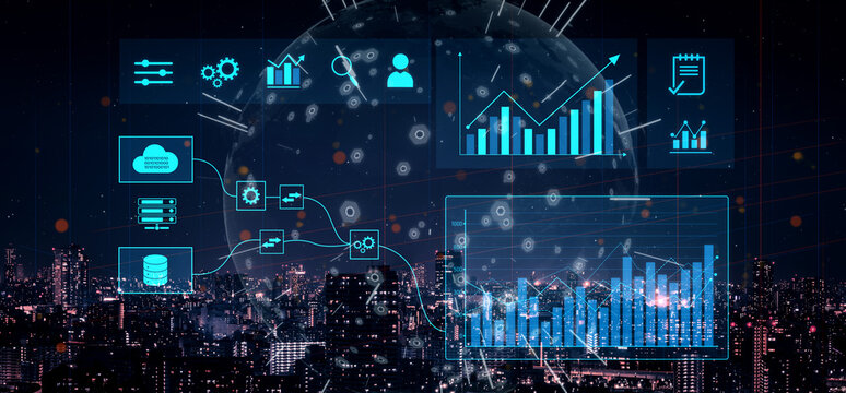 Data flow from database and cloud to processing and analytics dashboards, representing data analysis, automation, insight generation, and digital intelligence Vouch - Powered by Adobe