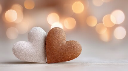 Fototapeta premium Hearts in sparkle sit on a table with soft lights in the background during a celebration or gathering