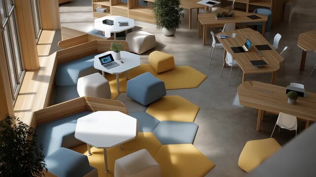 Overhead view of classroom zones with quiet corners, tactile materials, and flexible seating &mdash; symbolizing sensory-friendly design, modern pedagogy, and innovation in neuroinclusive learning