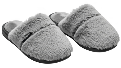 Pair of fluffy grey faux fur slippers on black background